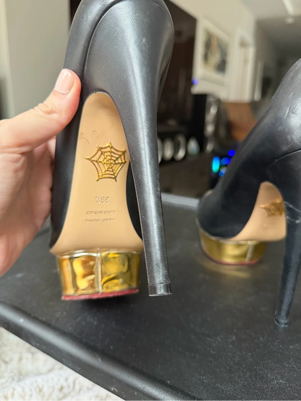 Charlotte Olympia Black Leather Platform Pumps with Gold Platform